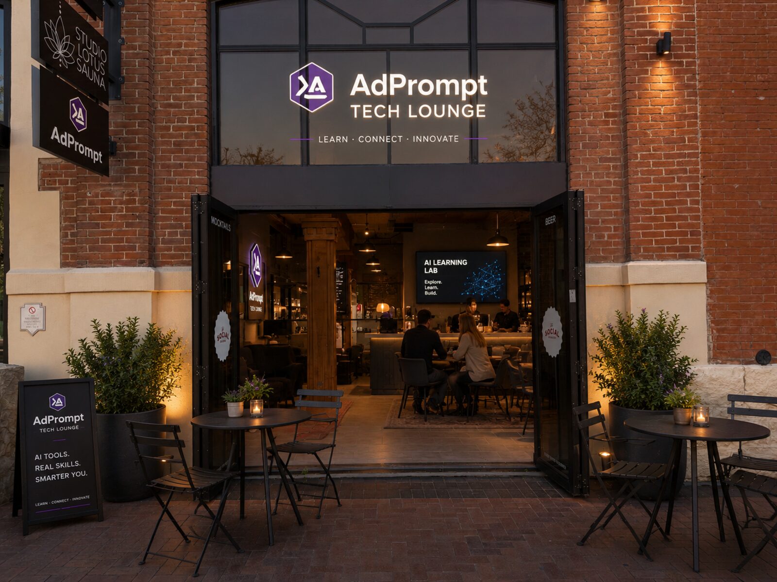 AdPrompt Tech Lounge exterior storefront at dusk