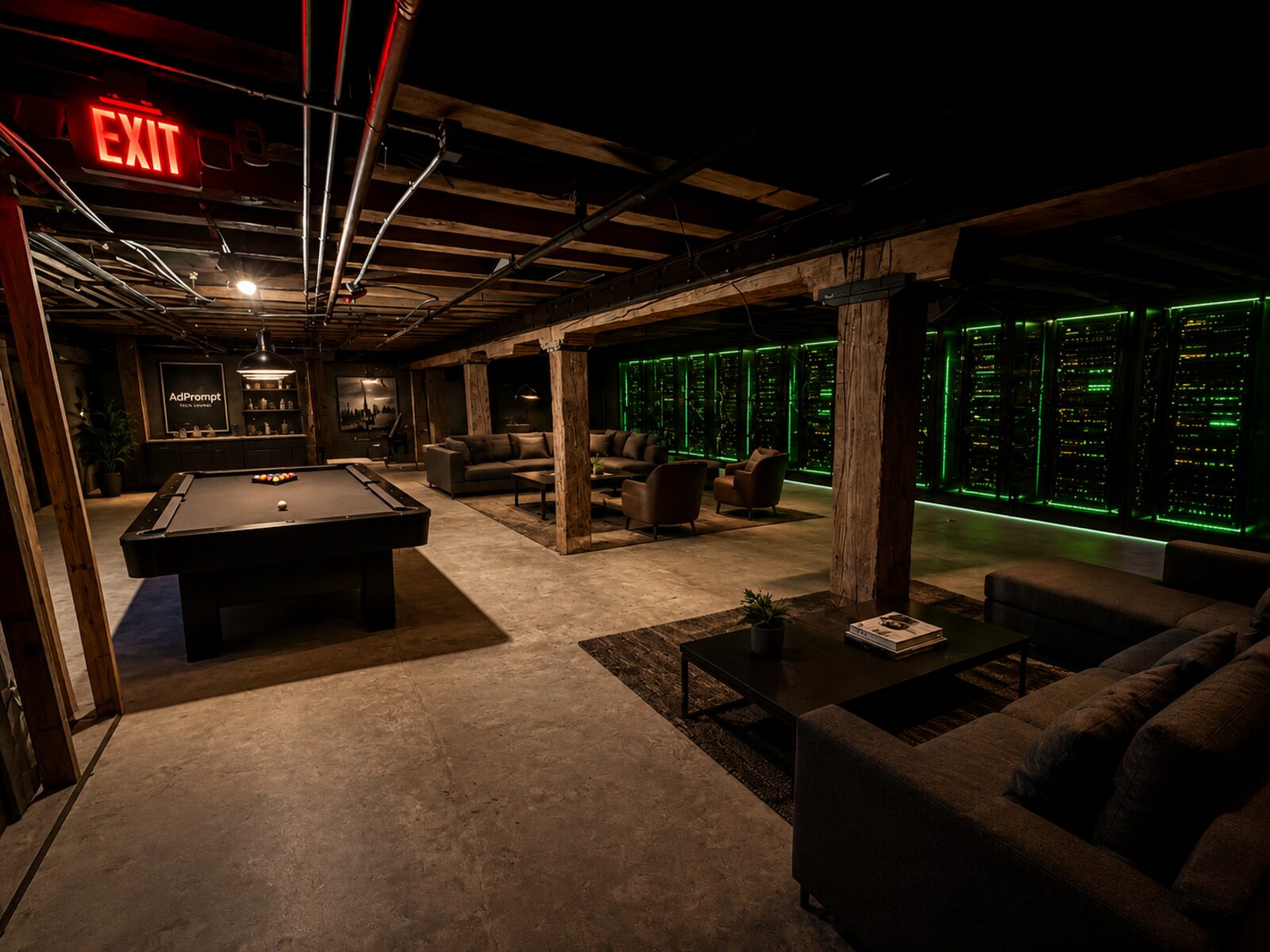 Server hall and lounge with green-lit racks