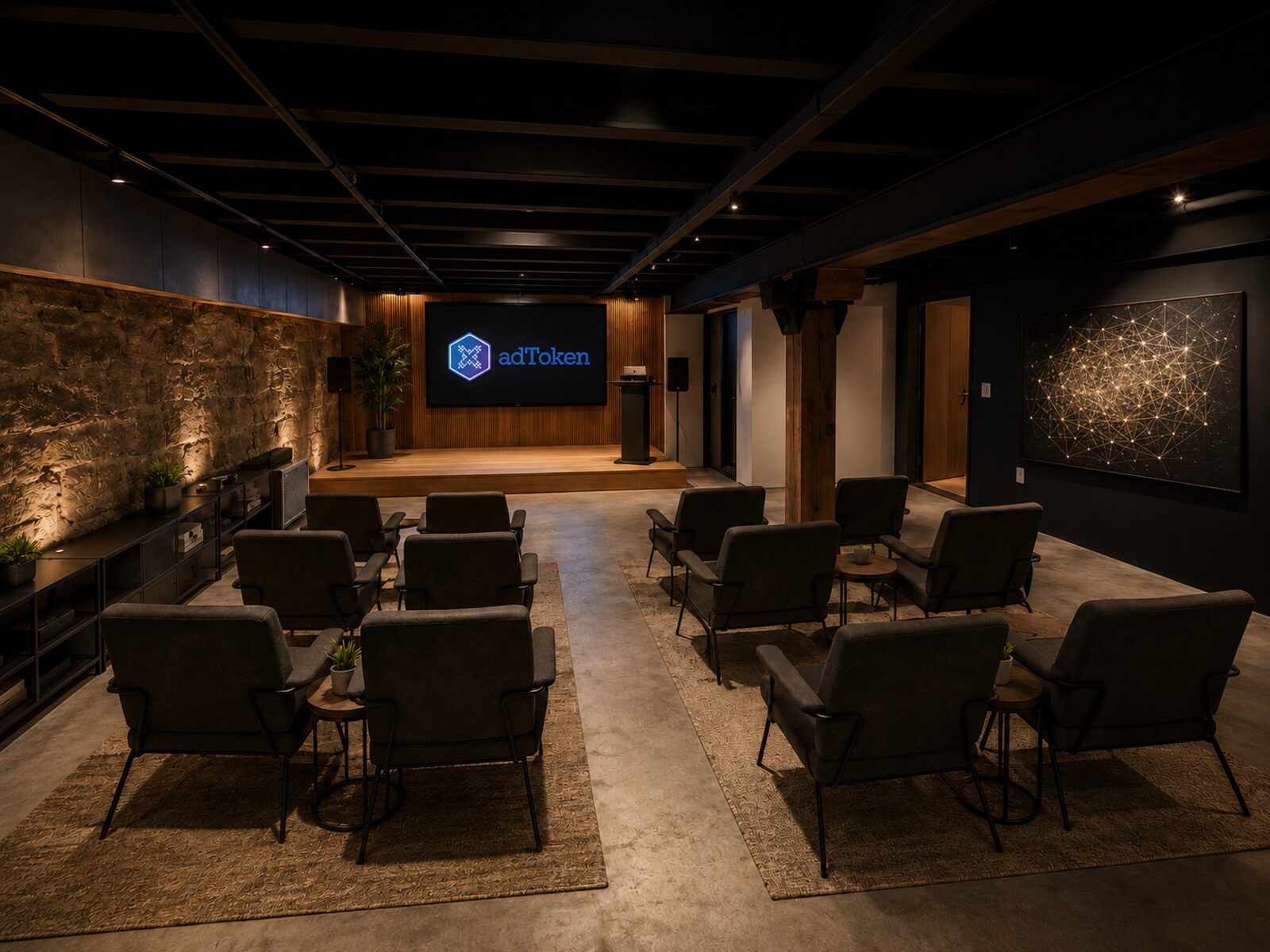 Presentation and event space with row seating and adToken screen